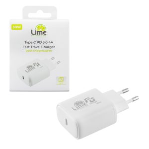 LIME TYPE C PD 3.0 SUPER FAST TRAVEL QC 3.0 LTC30W 30W 5V 4.0A /9V 3.4A/12V 2.5A WHITE